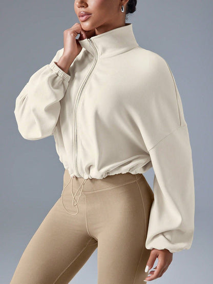 Cropped Zip Jacket For Women With Stand Collar And Pocket Details Lightweight Sporty Outdoor