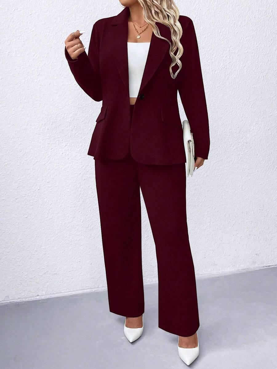 Plus Size Notched Collar Blazer Navy Workwear Casual