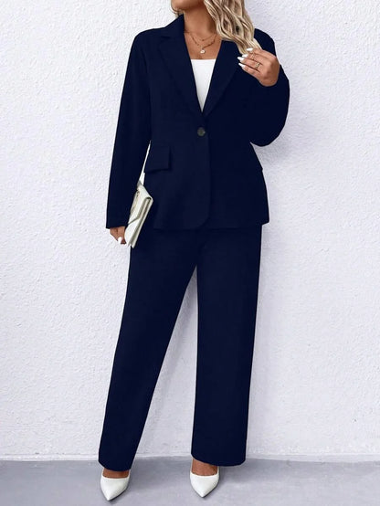 Plus Size Notched Collar Blazer Navy Workwear Casual