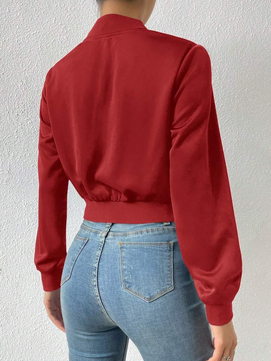 Solid Zip Up Crop Bomber Jacket With Baseball Collar