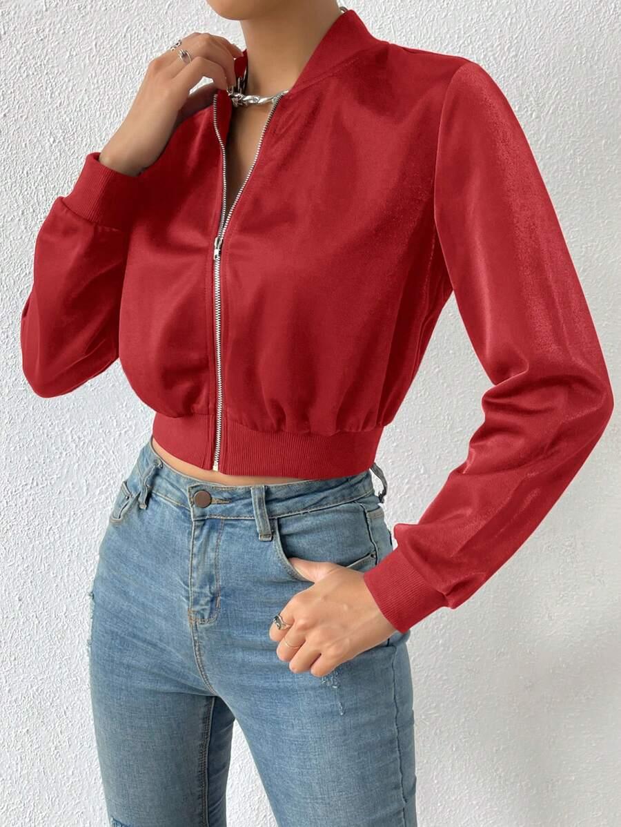 Solid Zip Up Crop Bomber Jacket With Baseball Collar