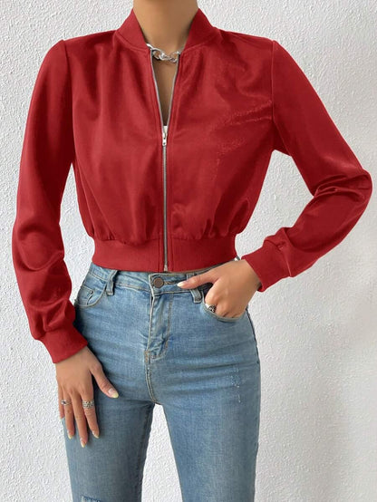 Solid Zip Up Crop Bomber Jacket With Baseball Collar
