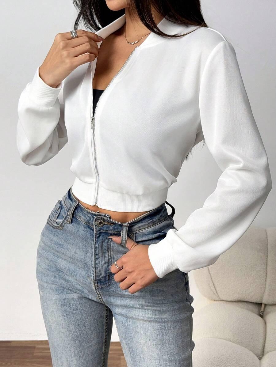 Solid Zip Up Crop Bomber Jacket With Baseball Collar