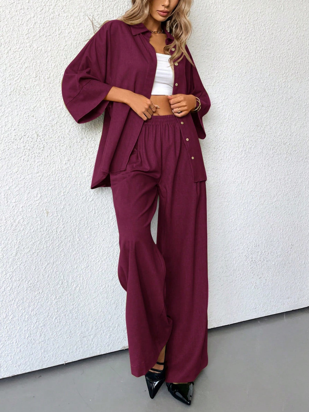 Burgundy Two Piece Blouse And Wide Leg Pants Set With Side Slit For Casual Business Wear