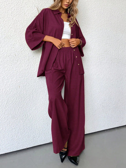 Burgundy Two Piece Blouse And Wide Leg Pants Set With Side Slit For Casual Business Wear