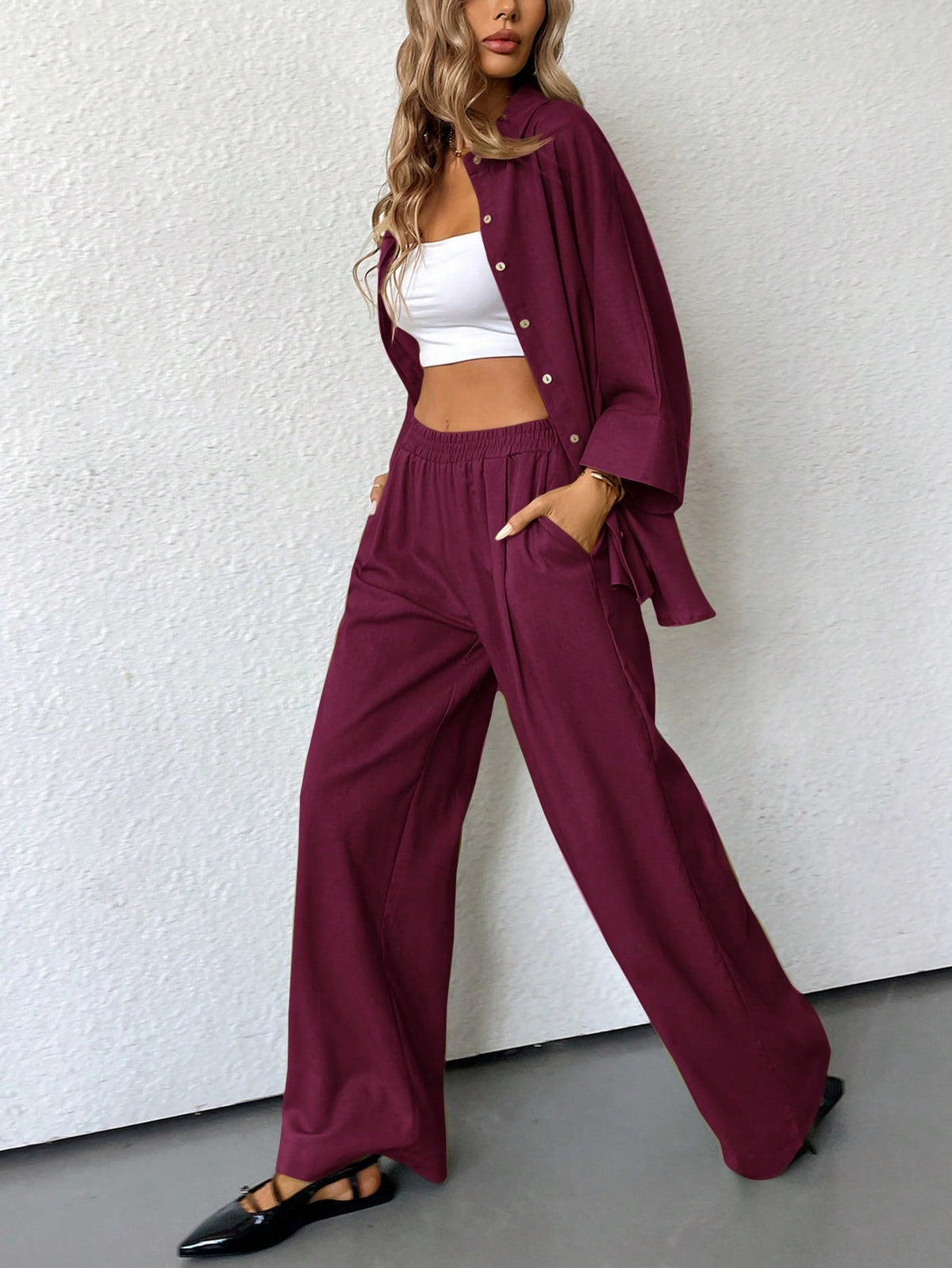 Burgundy Two Piece Blouse And Wide Leg Pants Set With Side Slit For Casual Business Wear