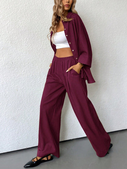Burgundy Two Piece Blouse And Wide Leg Pants Set With Side Slit For Casual Business Wear