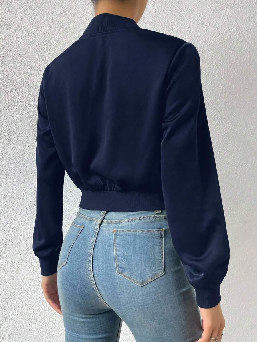 Solid Zip Up Crop Bomber Jacket With Baseball Collar