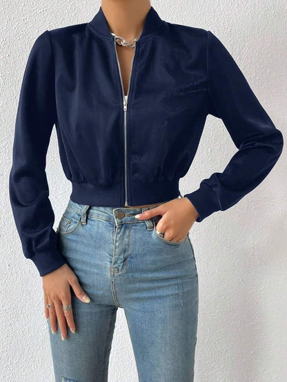 Solid Zip Up Crop Bomber Jacket With Baseball Collar
