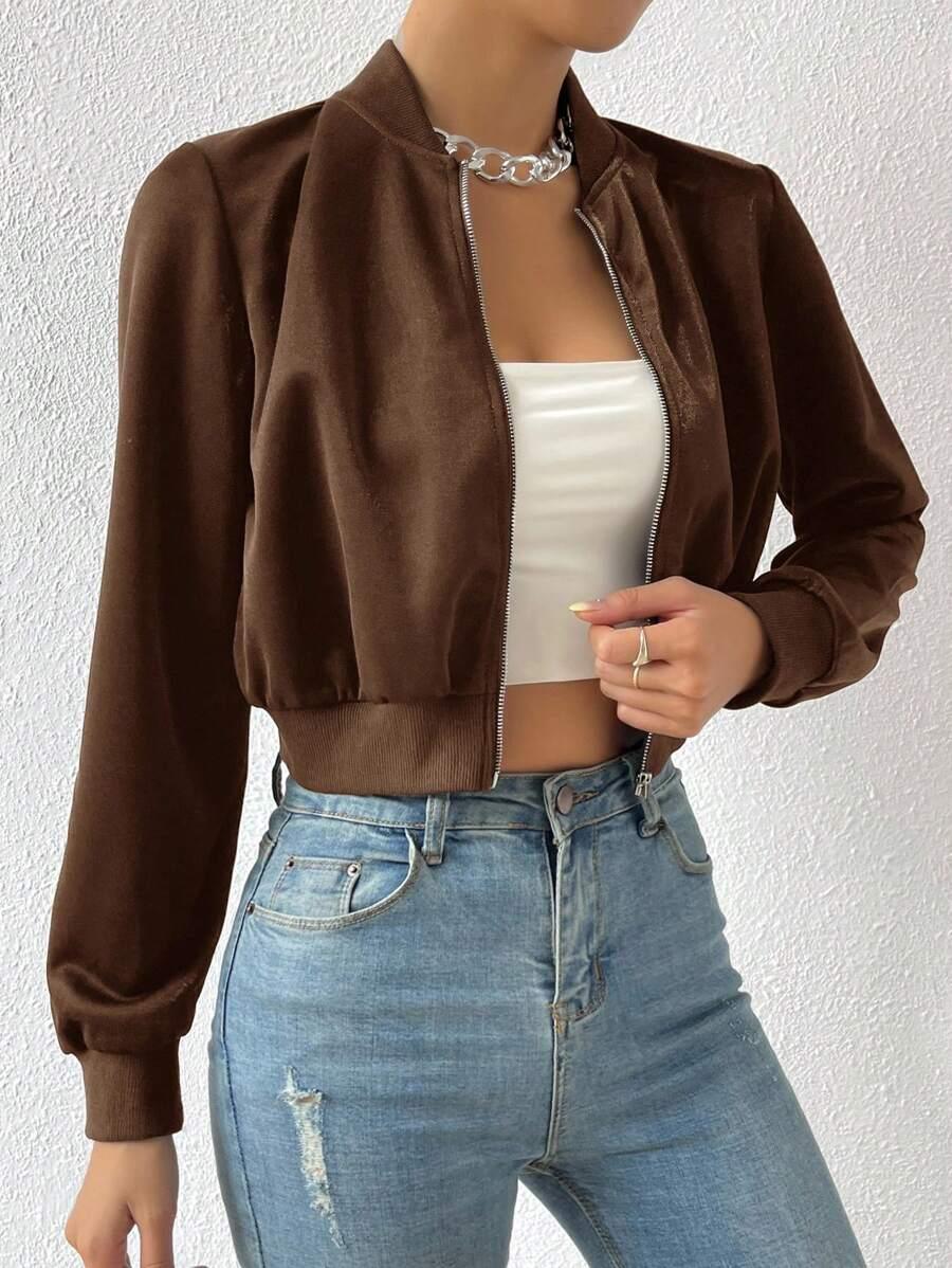 Solid Zip Up Crop Bomber Jacket With Baseball Collar