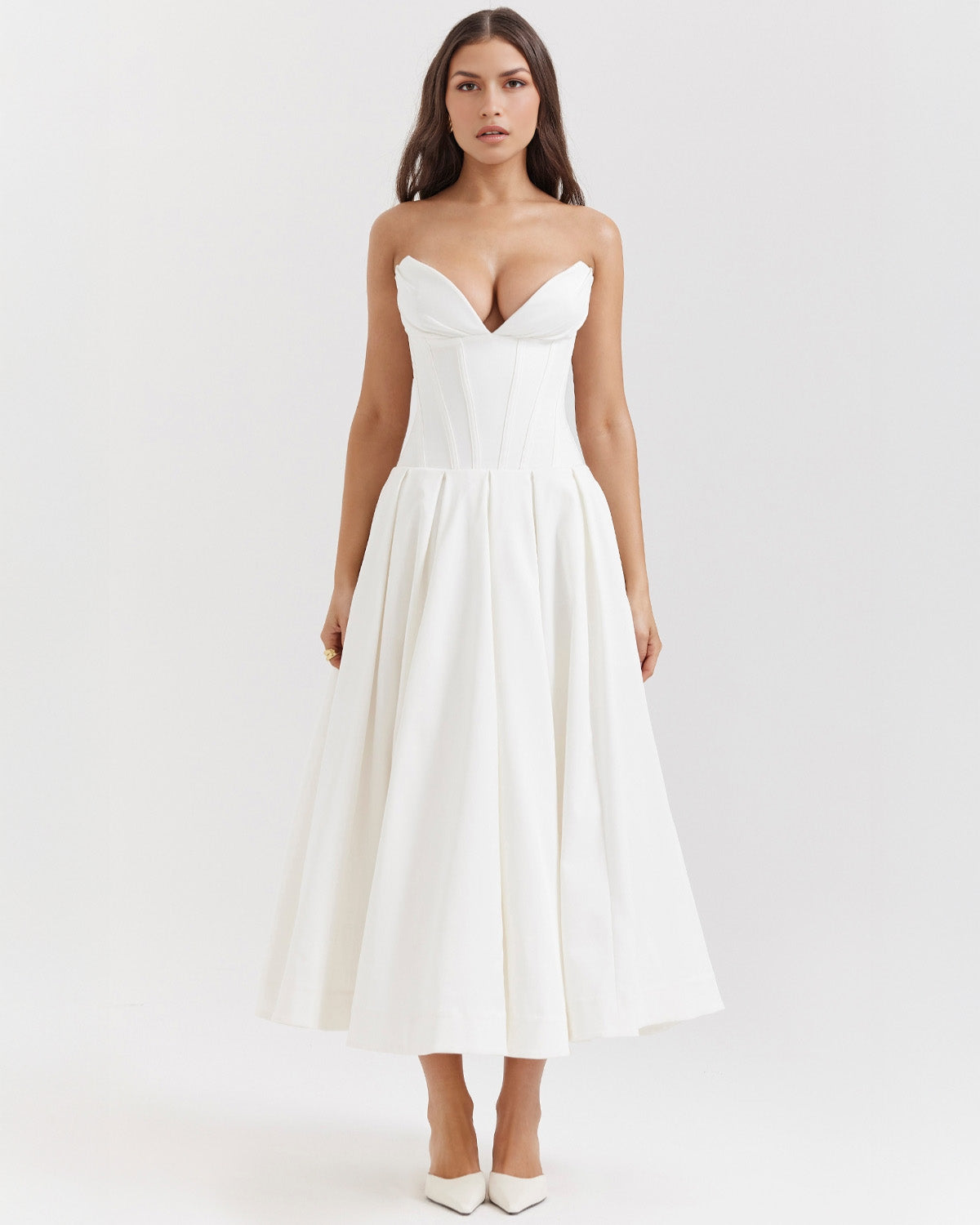Strapless Corset Plunging Sweetheart Neck Pleated Full Skirt Pocket Midi Dress