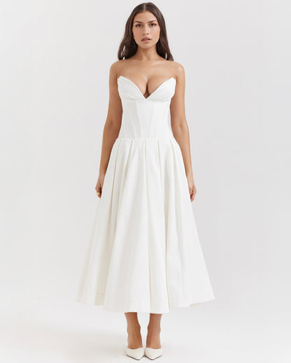 Strapless Corset Plunging Sweetheart Neck Pleated Full Skirt Pocket Midi Dress
