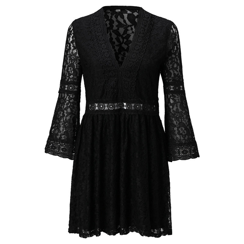 Floral Lace Deep V-Neck Long Sleeve Eyelet Crochet Trim Fit and Flare Mini Dress