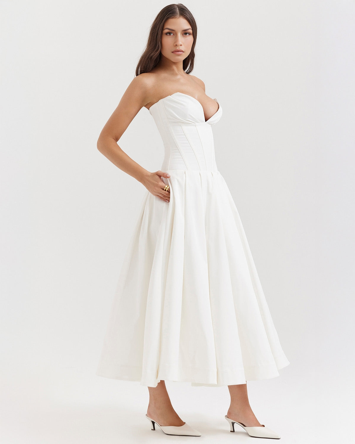 Strapless Corset Plunging Sweetheart Neck Pleated Full Skirt Pocket Midi Dress
