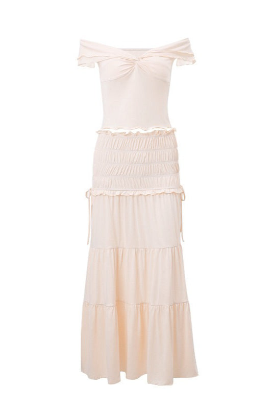 Solid Ruched Crop Top Flared Skirt Set