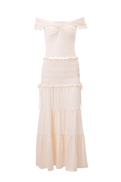 Solid Ruched Crop Top Flared Skirt Set