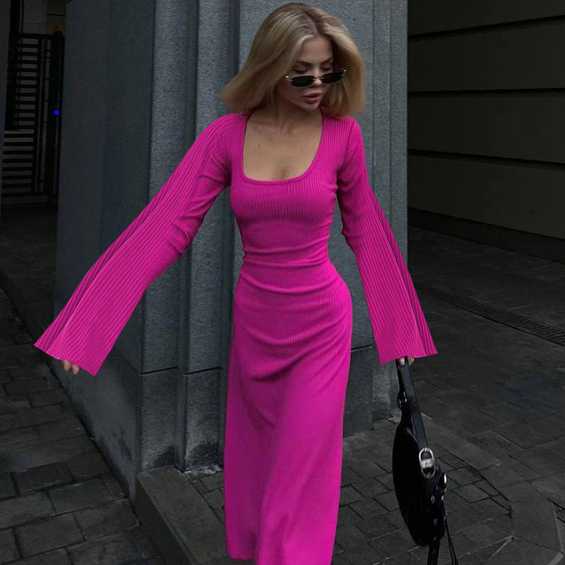 Scoop Neck Long Sleeve Bell Cuff Rib Knit Maxi Dress