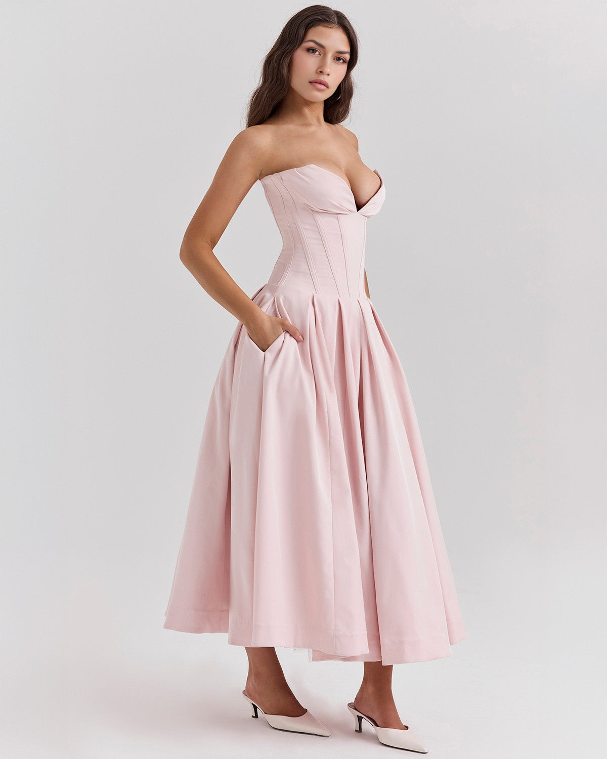 Strapless Corset Plunging Sweetheart Neck Pleated Full Skirt Pocket Midi Dress