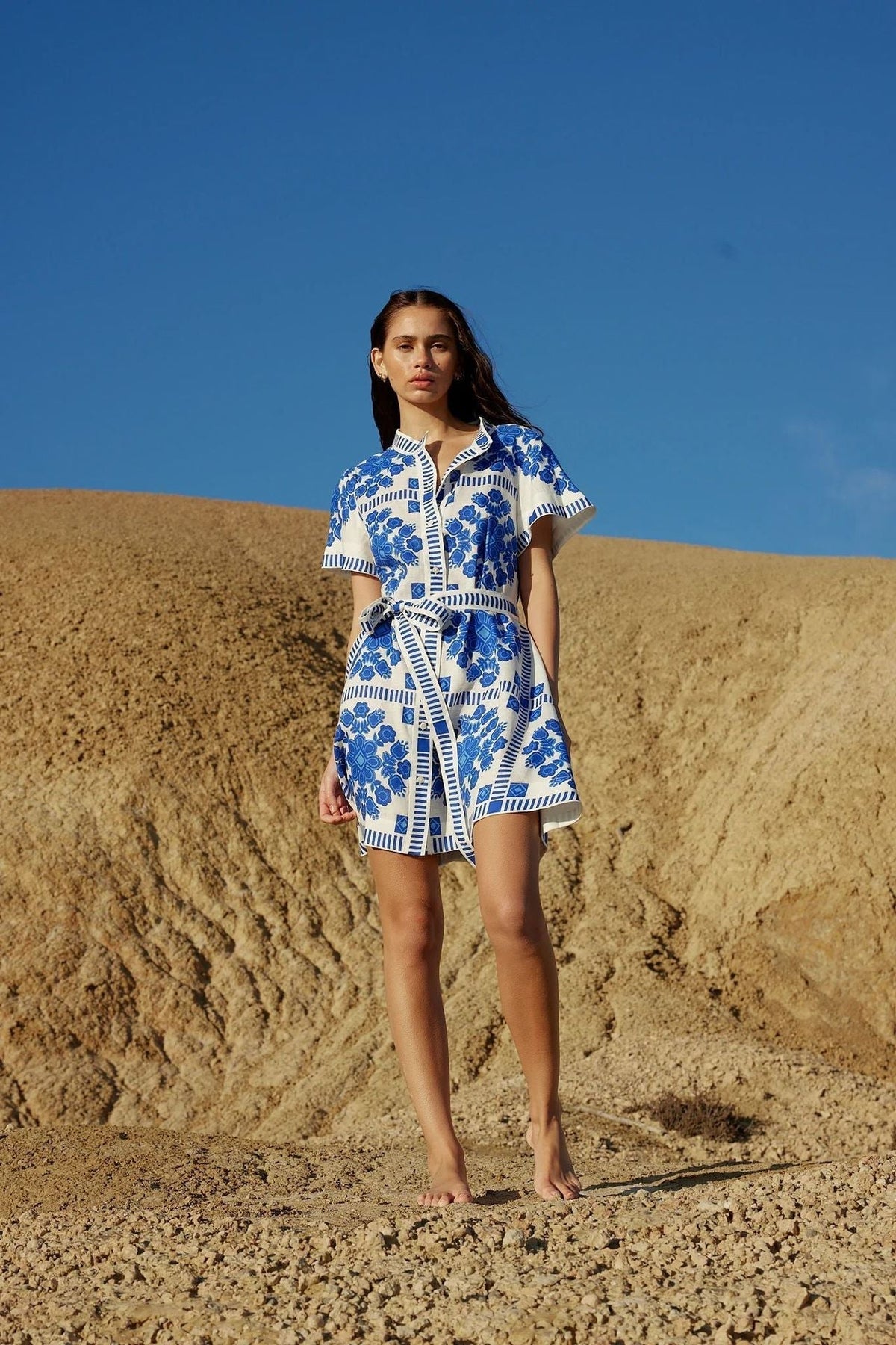 Mandarin Collar Short Sleeve Tie Waist Folk Floral Geometric Print Shirt Mini Dress