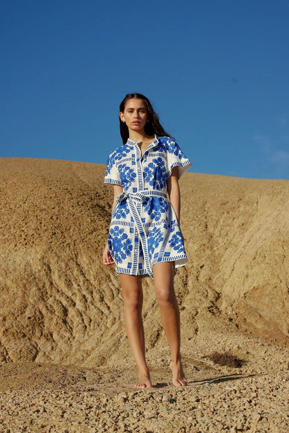 Mandarin Collar Short Sleeve Tie Waist Folk Floral Geometric Print Shirt Mini Dress