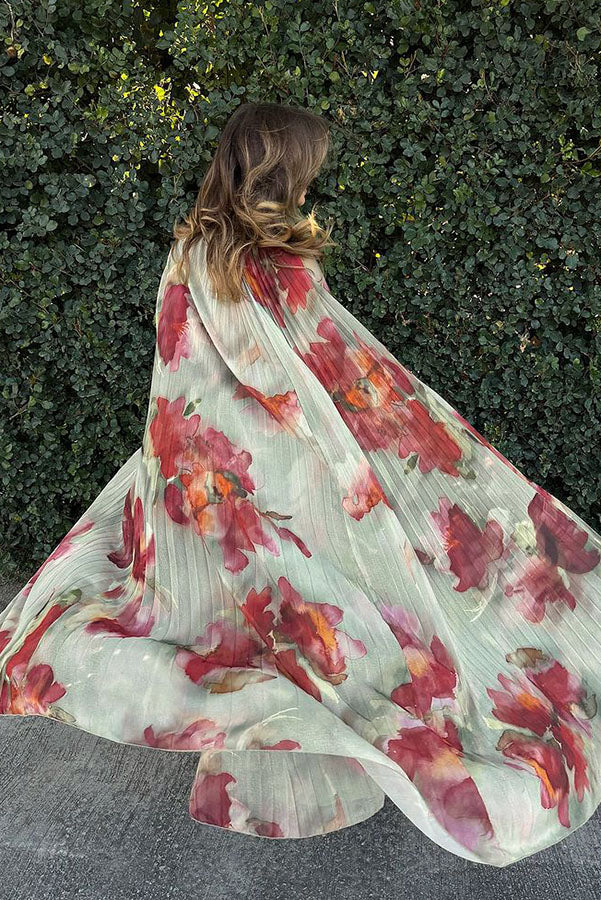 Sweet Story Pleated Chiffon Floral Print Detachable Cape Detail Maxi Dress
