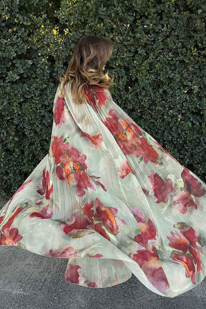 Sweet Story Pleated Chiffon Floral Print Detachable Cape Detail Maxi Dress