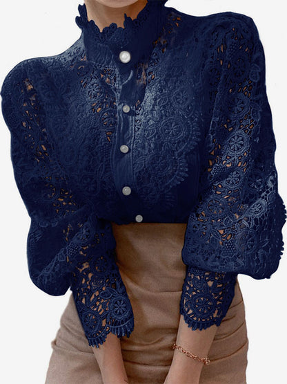 Blouse For Women Pink Lace Cut Out High Collar Casual Long Sleeves Lace Tops