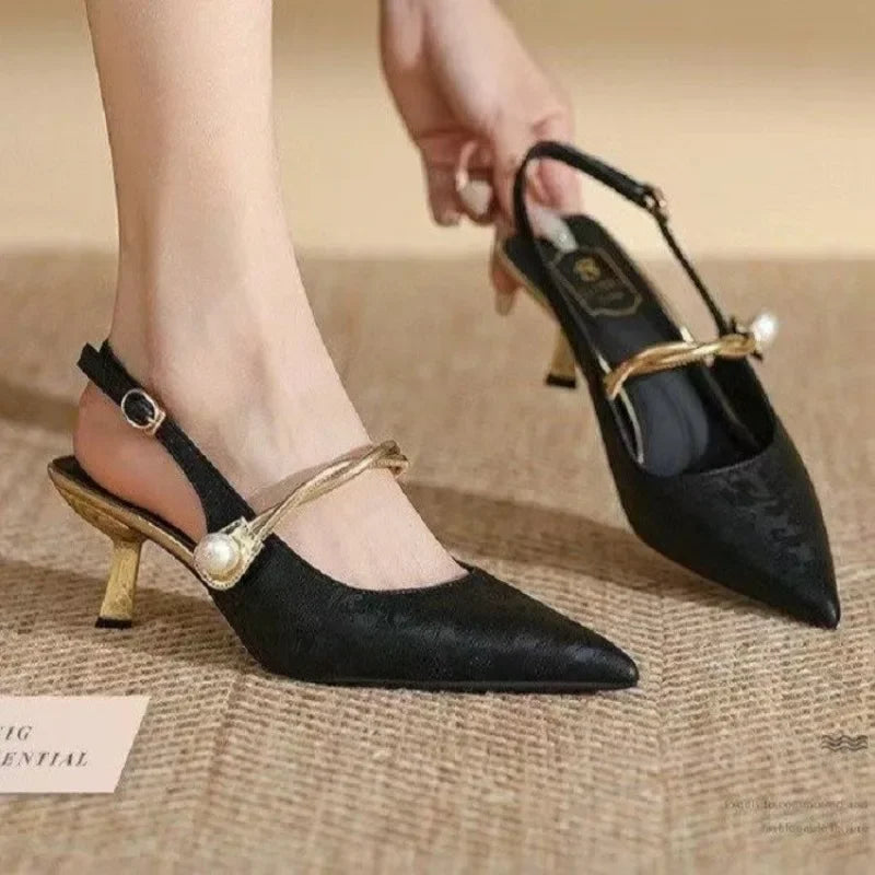 New Summer Fashion Pointed Toe Pearl High Banquet Women Low Heel Pumps