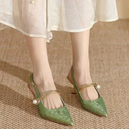 New Summer Fashion Pointed Toe Pearl High Banquet Women Low Heel Pumps