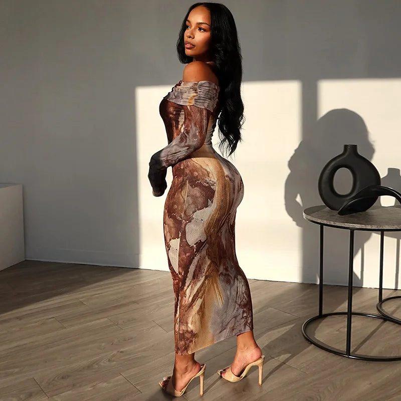 Abstract Marble Print Off Shoulder Long Sleeve Bodycon Midi Dress