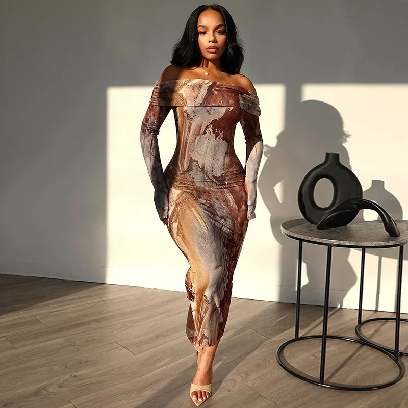 Abstract Marble Print Off Shoulder Long Sleeve Bodycon Midi Dress