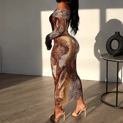 Abstract Marble Print Off Shoulder Long Sleeve Bodycon Midi Dress