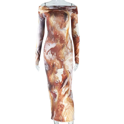 Abstract Marble Print Off Shoulder Long Sleeve Bodycon Midi Dress