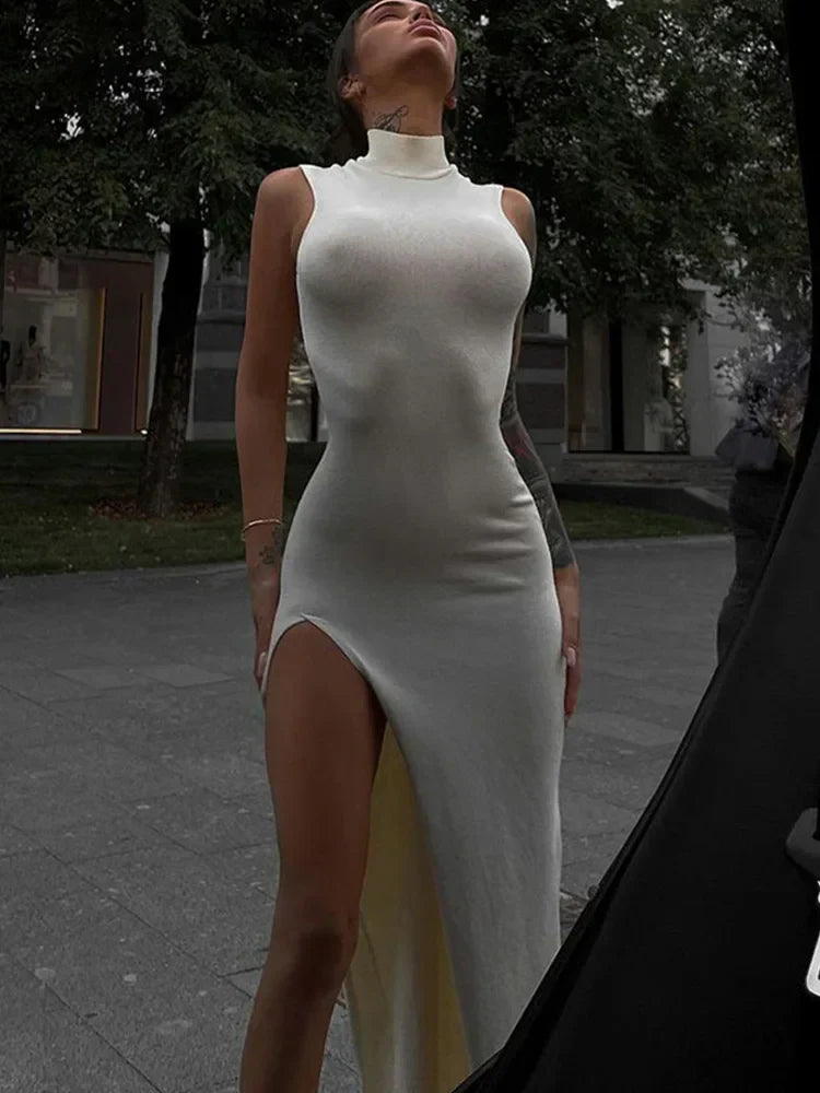 Mock Neck Sleeveless Ribbed Knit High Slit Bodycon Maxi Dress