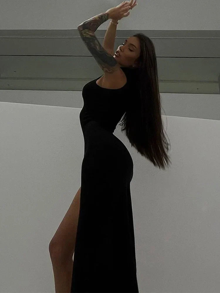 Mock Neck Sleeveless Ribbed Knit High Slit Bodycon Maxi Dress