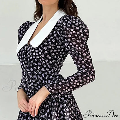 Spring French Puff Sleeve Women's Doll Collar Waist Long Sleeve A-Link Skirt Summer Floral Dress