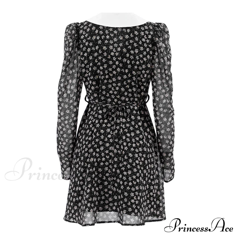 Spring French Puff Sleeve Women's Doll Collar Waist Long Sleeve A-Link Skirt Summer Floral Dress