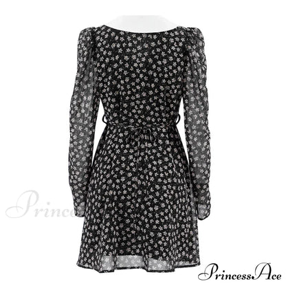 Spring French Puff Sleeve Women's Doll Collar Waist Long Sleeve A-Link Skirt Summer Floral Dress