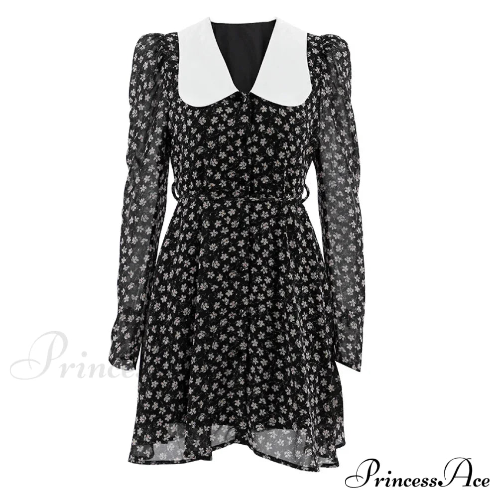 Spring French Puff Sleeve Women's Doll Collar Waist Long Sleeve A-Link Skirt Summer Floral Dress