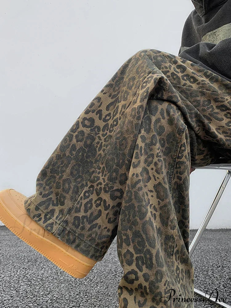 Y2K Leopard Print Wide Leg Women High Waisted Fashion Streetwear Retro Denim Baggy Casual Straight Jean