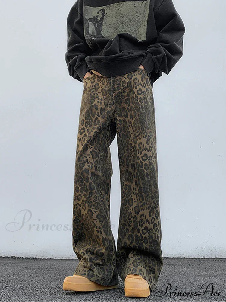 Y2K Leopard Print Wide Leg Women High Waisted Fashion Streetwear Retro Denim Baggy Casual Straight Jean