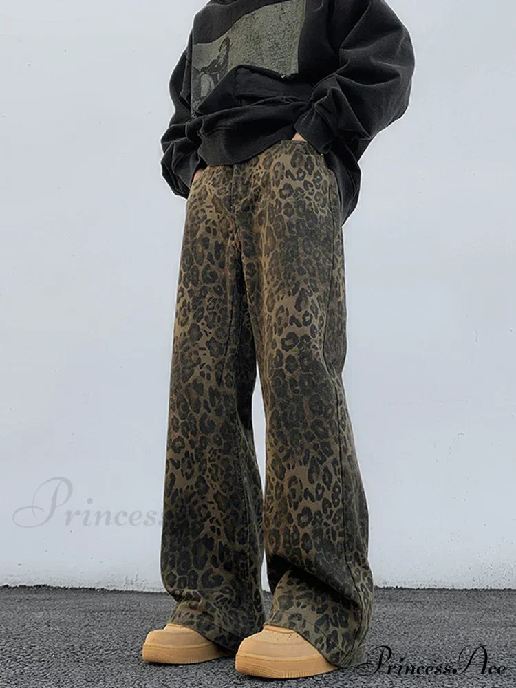 Y2K Leopard Print Wide Leg Women High Waisted Fashion Streetwear Retro Denim Baggy Casual Straight Jean
