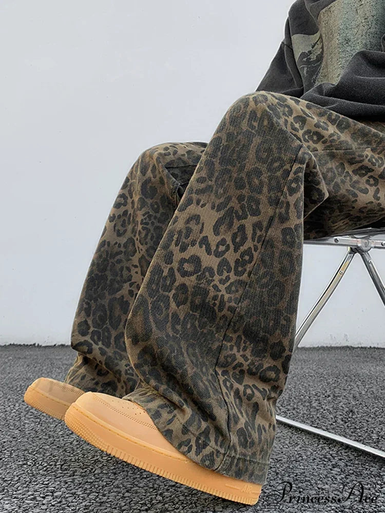 Y2K Leopard Print Wide Leg Women High Waisted Fashion Streetwear Retro Denim Baggy Casual Straight Jean
