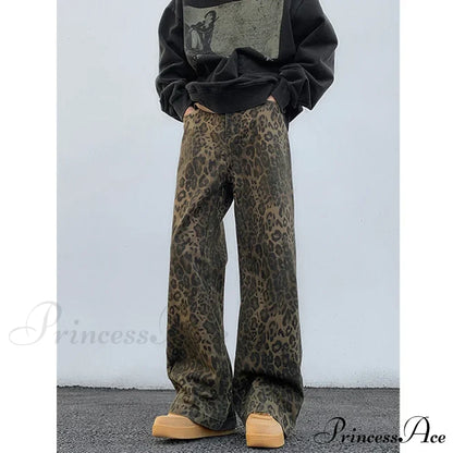 Y2K Leopard Print Wide Leg Women High Waisted Fashion Streetwear Retro Denim Baggy Casual Straight Jean