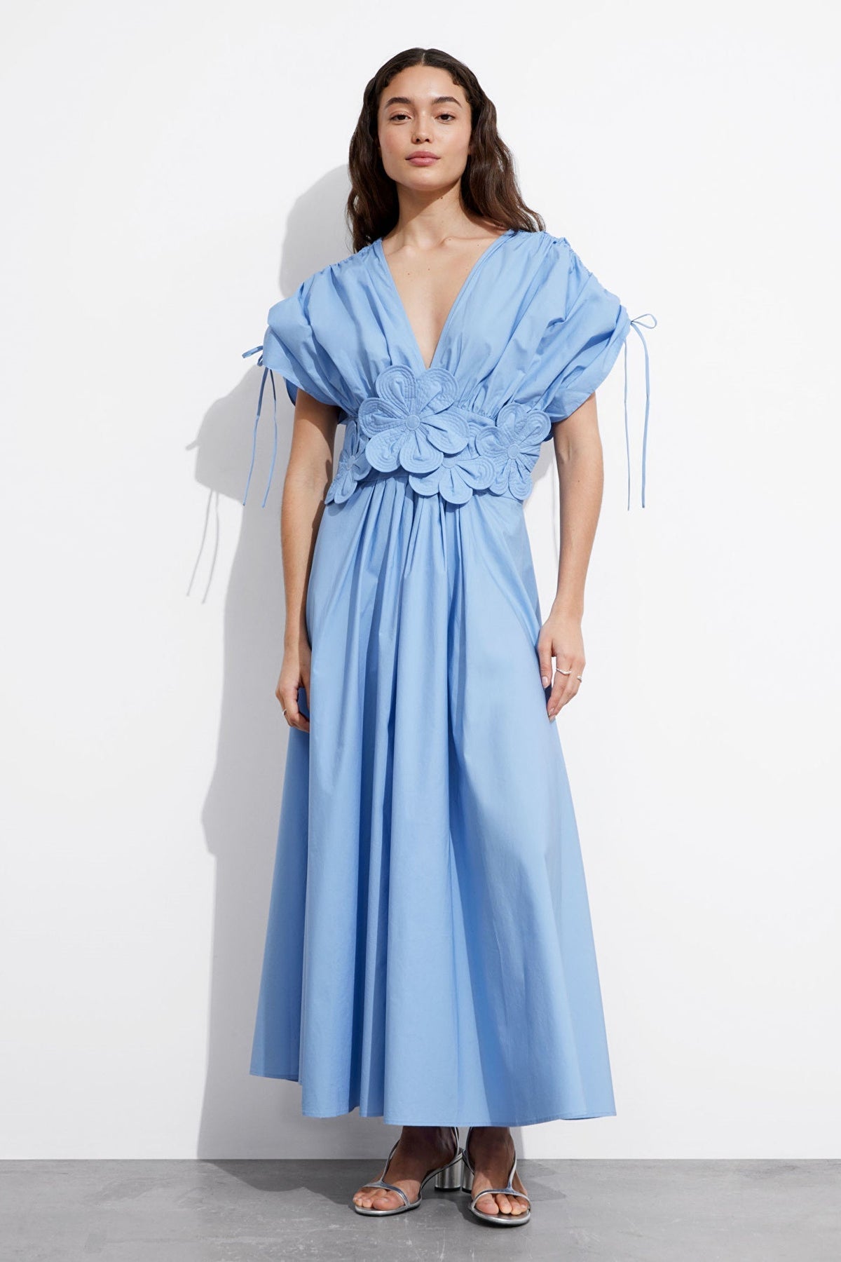 Deep V Neck Puff Sleeve Floral Rosette Waist Pleated Maxi Dress