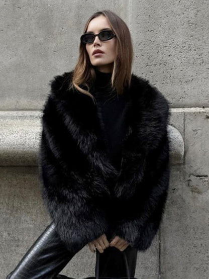 Faux Fur Coats Black Raised Waist Long Sleeves Faux Fur Jacket Winter Coat