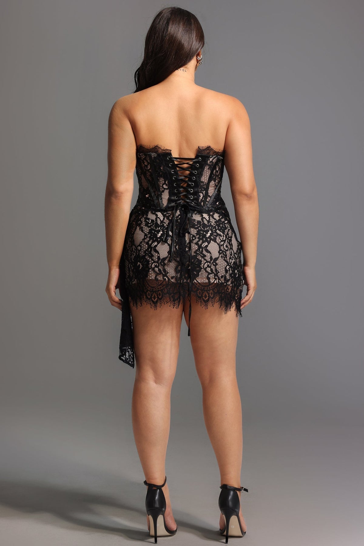 Strapless Floral Lace Corset Boning Eyelash Trim Mini Dress