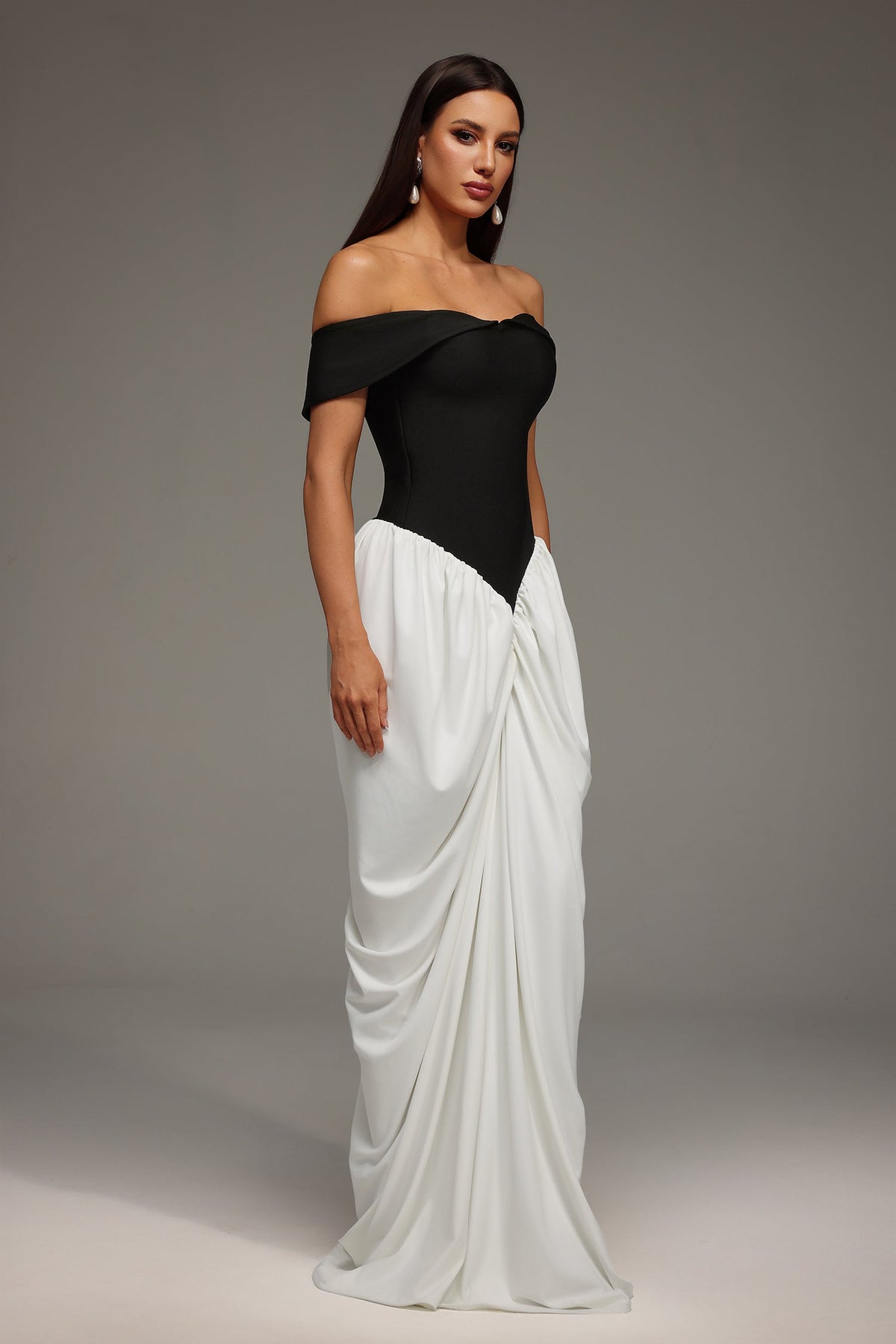 Off Shoulder Draped Contrast Panel Ruched Train Maxi Gown