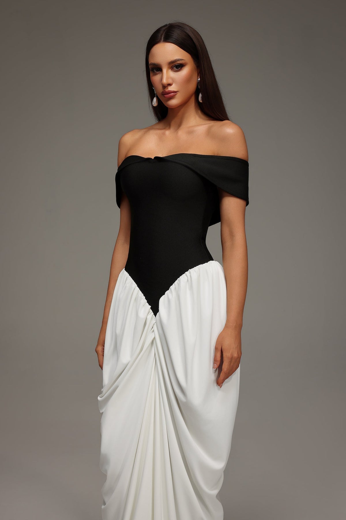 Off Shoulder Draped Contrast Panel Ruched Train Maxi Gown