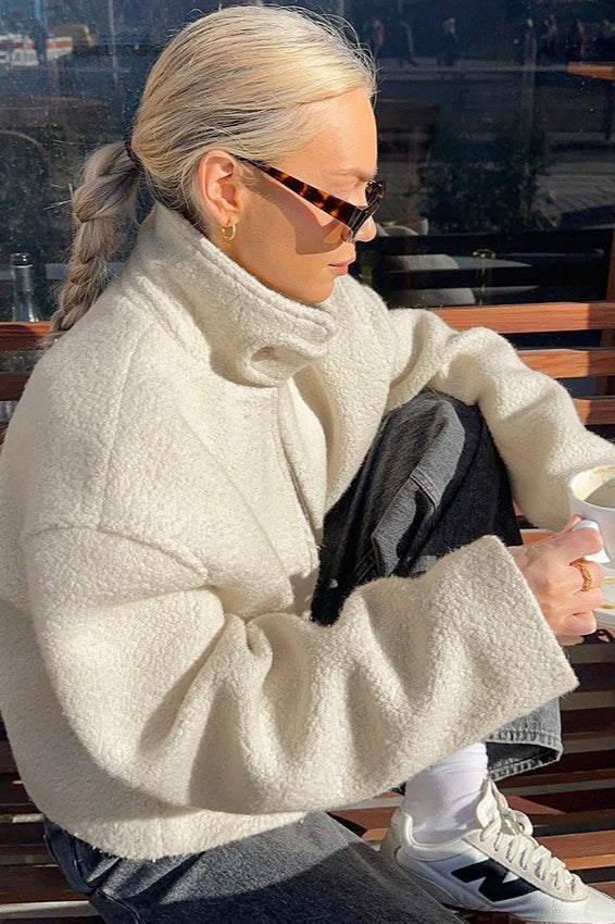 Faux Shearling Stand Collar Cropped Coat